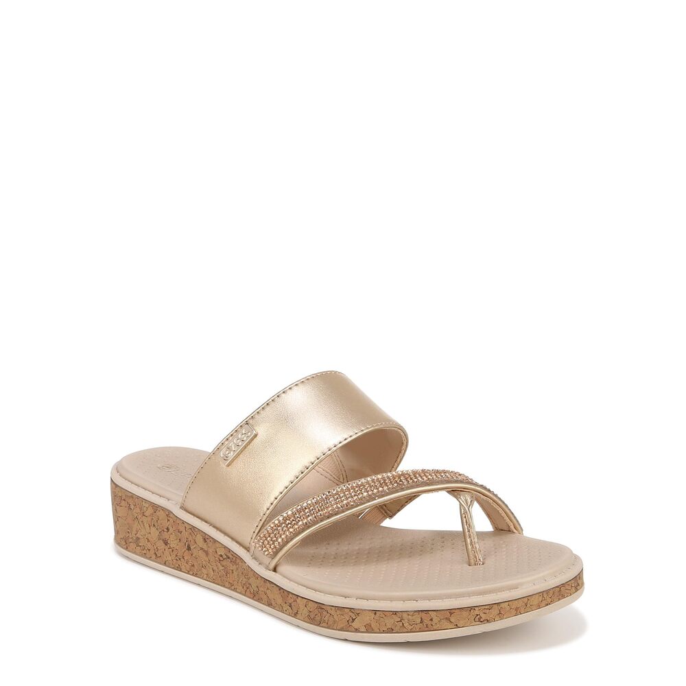 BZEES WOMENS BORA BRIGHT MACHINE WASHABLE COMFORT WEDGE SANDAL GOLD METALLIC